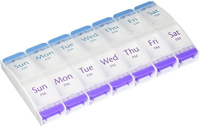 Ezy Dose 7 Day AM/PM Organizer with Push Button, 2 Pack X-Large, Colors May Vary