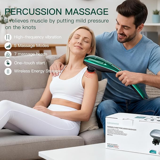 MEGAWISE Handheld Deep Tissue Neck Back Electric Massager for Shoulder, Waist, Leg, 3700 RPM Powerful Motor (Green)
