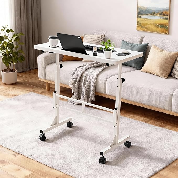 Furmax Small Portable Standing Desk Adjustable Height, Mobile Stand Laptop Computer Workstation with Lockable Wheels for Walking Pad Treadmill (White)