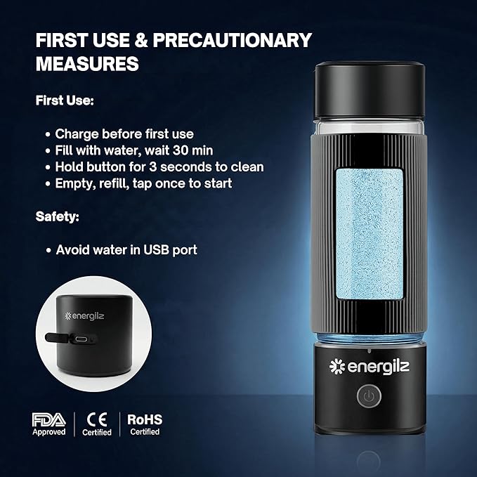 Hydrogen Water Bottle | Large 16.2 oz (480 ml) Hydrogen Water Bottle Generator 3000ppb | Hydrogenator Machine | SPE/PEM Hydrogenated Ionizer Generator (Black w/Gray)
