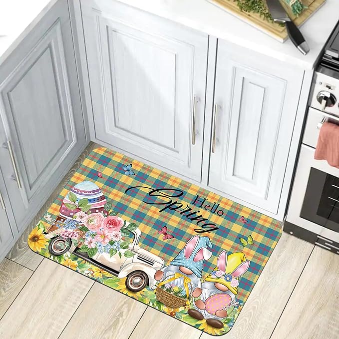 Easter Anti Fatigue Kitchen Mat Set of 2 Spring Non Slip Rubber Runner Rug Flower Gnomes Truck Floor Mat Quick Absorbent Comfort Cushioned for Standing Sink Entryway Laundry 16x24+16x41in