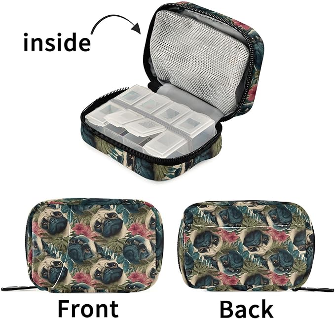 Pill Organizer Case Pouch Hawaii Pug Print for Travel, Portable Pill Box Supplement Holder 7 Days