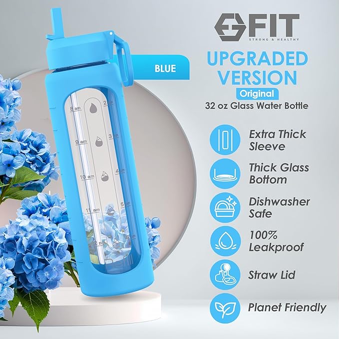 FIT Strong & Healthy 32 oz Glass Water Bottle with Straw Lid - Wide Mouth Borosilicate Glass Water Bottles with Time Marker, Silicone Sleeve & Extra Lid - 1L Large Motivational Drinking Bottle