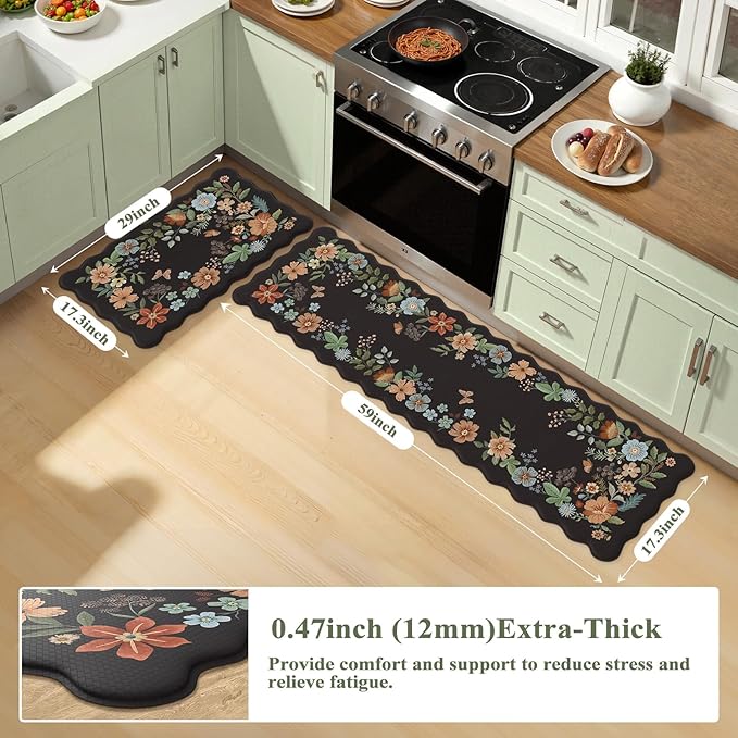 Collive Anti Fatigue Mats for Kitchen Floor, Scalloped Cushioned Comfort Kitchen Rugs Set of 2 Waterproof Non Skid Padded Kitchen Floor Mat, Boho Floral Rug Black Standing Carpet for Office, Laundry
