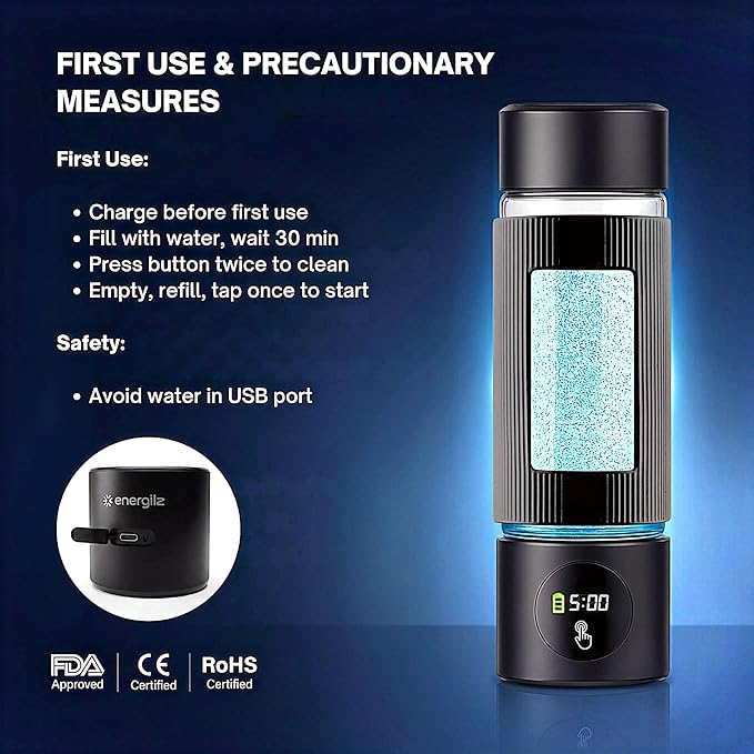 Hydrogen Water Bottle | 16.2 oz (480 ml) Hydrogen Water Generator | 6000 PPB Hydrogenator Machine | SPE/PEM Ionizer Generator (Black)