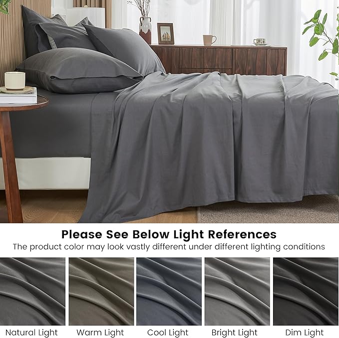 Simple&Opulence Belgian Linen Sheet Set Solid Color - 6 Pieces (1 Flat Sheet & 1 Fitted Sheet & 4 Pillowcases) 16" Deep Pocket Natural Flax Cotton Blended Soft Bedding - Dark Grey, Queen Size