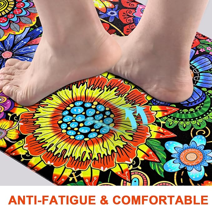 Likiyol Boho Kitchen Rugs, Boho Floral Anti Fatigue Kitchen Mat for Floor, Bohemian Flowers Non Slip Washable Kitchen Floor Mats, Comfort Standing Mat, 18'' x 30''+18''x48'', Yellow
