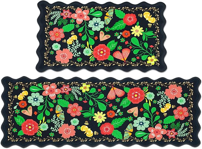 Scalloped Black Kitchen Mats for Floor 2PC Cushioned Anti Fatigue Kitchen Mats Rugs Waterproof Non Slip Farmhouse Boho Floral Comfort Foam Standing Mat for Sink Laundry