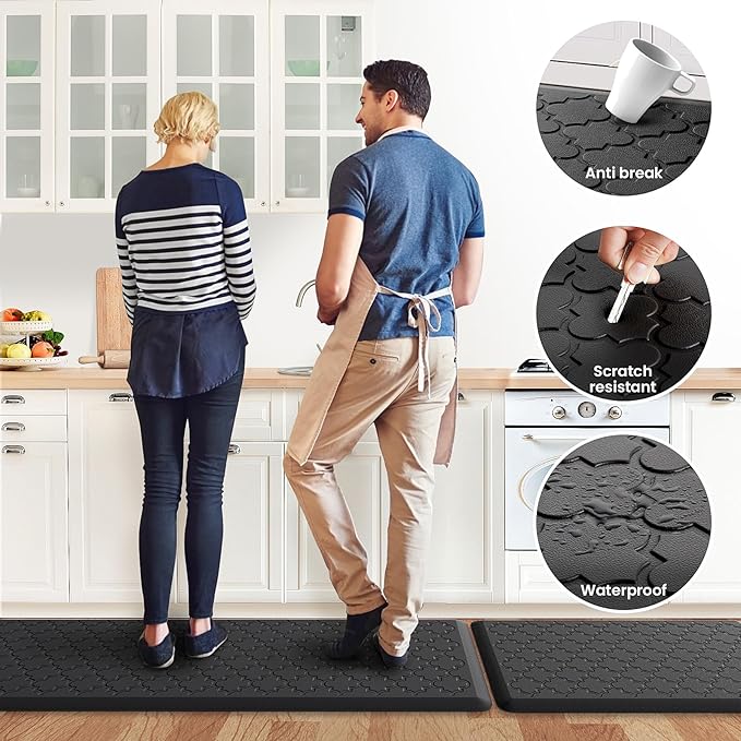 Kitchen Mat [2 PCS] Cushioned Anti-Fatigue Floor Mat Water Resistant Non-Skid Kitchen Mats and Rugs Ergonomic Comfort Foam Kitchen Rugs Standing Mat for Floor Office Sink (Black,20"x30"+20"x60")