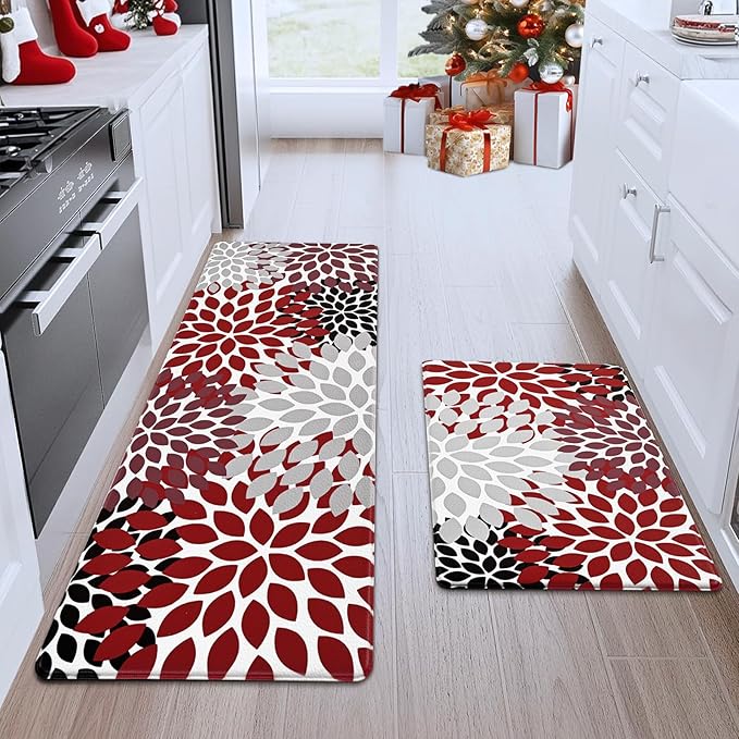 Likiyol Kitchen Rugs Boho Floral Kitchen Mats for Floor Flower Anti Fatigue Mats for Kitchen Floor Cushioned Non Slip Washable Kitchen Mat for Home, Sink, 18''x30''+18''x48'', (Red)