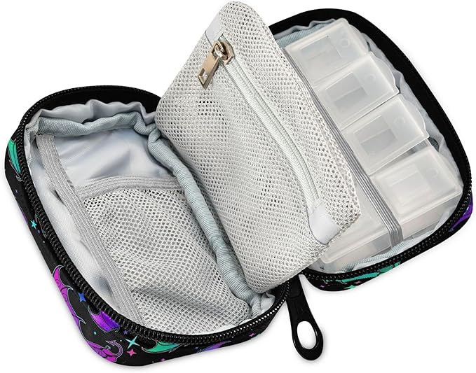Travel Pill Organizer Bag Weekly Pill Organizer Case Goth Halloween Luminous Bats Portable Small Daily Pill Boxes for Vitamin Fish Oils Supplement Holder with Zipper Compact Size