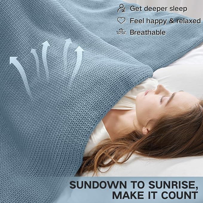 Guohaoi Knitted Weighted Blanket Kids (Haze Blue 50"x60" 7lbs) No Beads Cooling Heavy Blanket, Home Decor Breathable Chunky Knit Throw Blanket for All-Season Use