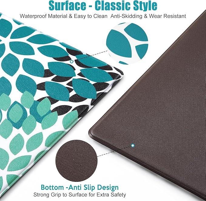 Likiyol Kitchen Mats for Floor Anti-Fatigue Comfort Kitchen Rugs, Boho Flower Cushioned Waterproof Kitchen Decor Mat Thick, 18''x60'', Teal
