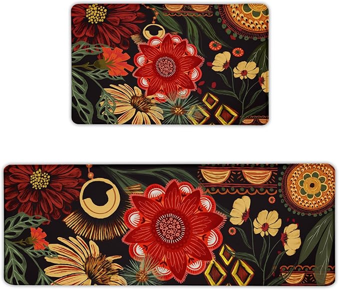 Black Boho Floral Kitchen Mats Rugs Sets of 2 Christmas Red Cushioned Anti Fatigue Floor Mat Comfort Kitchen Rugs Farmhouse Style Non Slip Waterproof Botanical Standing Mat for Sink Laundry