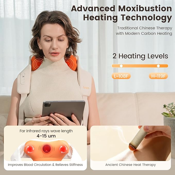 Breo N6 Mini Shiatsu Neck and Shoulder Massager with Heat – Deep Tissue Kneading Massage Pillow with Plum Blossom Rollers, Red Light Therapy, Quiet Motor, Cordless, Gift for Back Pain Relief