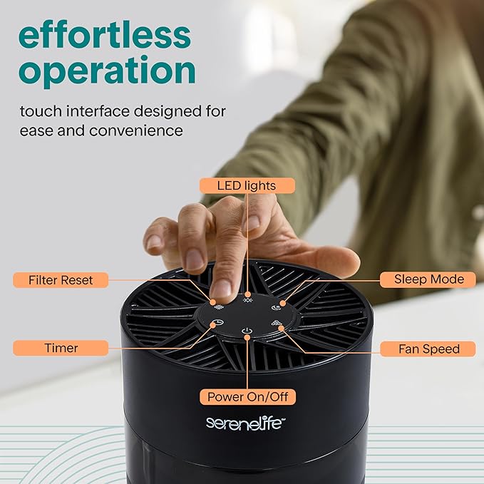 SereneLife Portable Air Purifier | Small Air Purifier For Home, Allergies, Pet Hair & Bedrooms | Filter Change Reminder & Aroma Box | Filtration Removes Dust, & Smoke Odor | Timer & Sleep Mode | Black