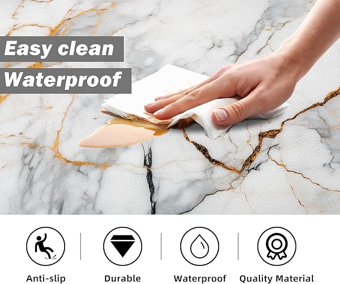 Kitchen Mats for Floor Anti Fatigue Floor Marble Cushioned Memory Foam PVC Leather Non Slip Padded Comfort Standing Rugs Set of 2, 17.3x28+17.3x47 Inch,0.4 Inch Thick