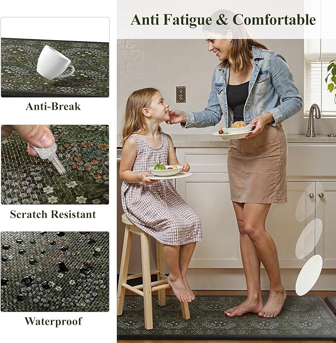 Collive Kitchen Mats Cushioned Anti Fatigue, Waterproof Kitchen Floor Mat Non Slip Desk Rugs Comfort Standing Rug for Sink, Office, Laundry, Home Decor, Dark Green