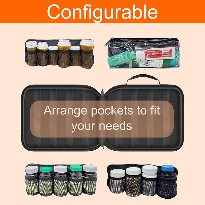 Large Customizable Padded Modular Pill Bottle Organizer, Medicine Bag, Case, Carrier for Medications, Vitamins, and Medical Supplies - for Home Storage and Travel - Black (Optional TSA Lock)