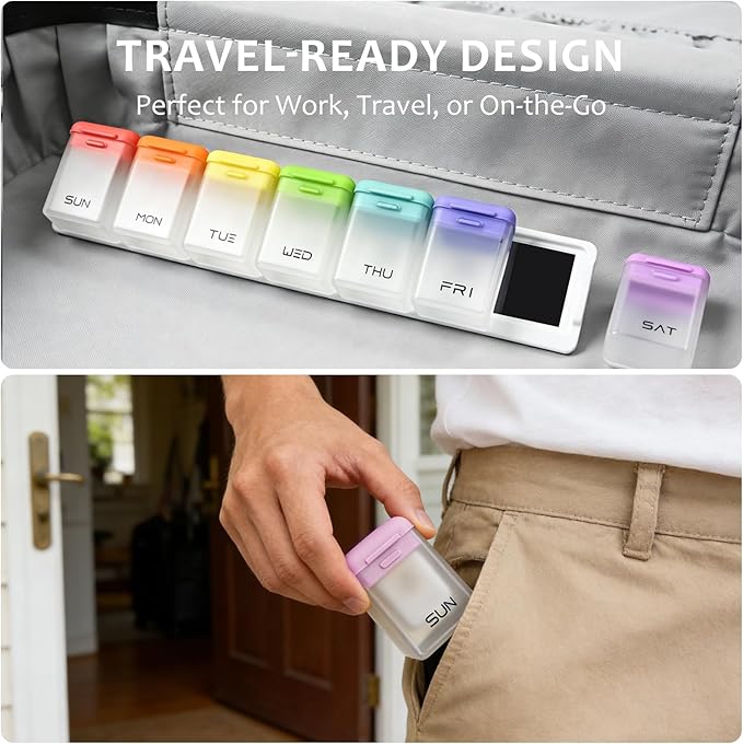 Fridge Magnetic Weekly Pill Organizer, Easy Open Daily Reminder Waterproof Pill Box for Vitamins, Travel & Daily Use (White)