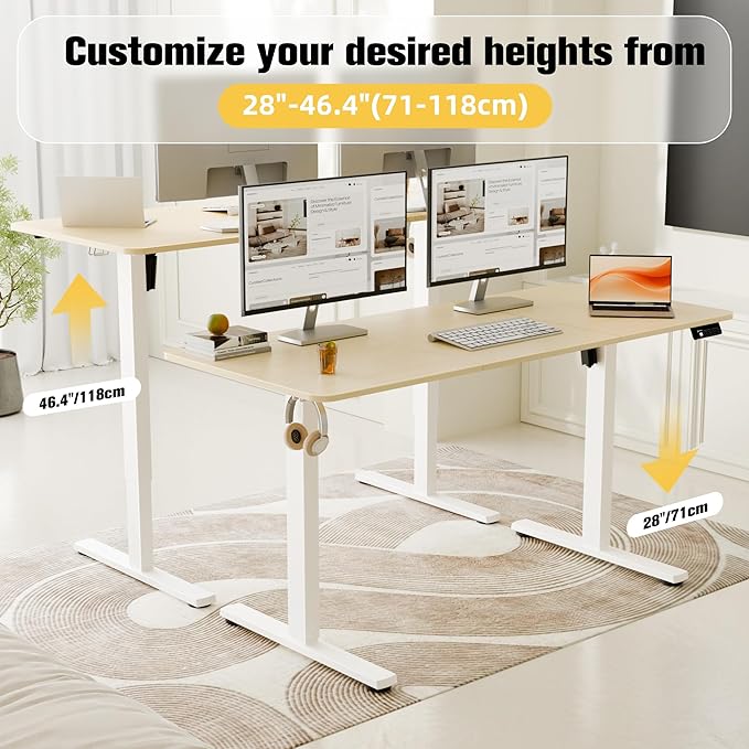 ERGOMAKER Electric Standing Desk, 55" x 23.6" Height Adjustable Sit Stand Desk with Splice Board for Home Office, Computer Desk Memory Preset (White Frame, Gold Oak Desktop)