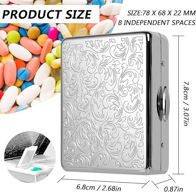Pill Organizer 7 Days 8 Compartments, Travel Metal Pill Box, BPA-Free Portable Pill Box (Silver, Median)
