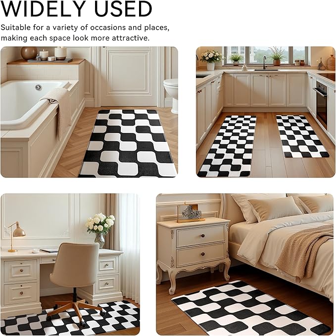 Black Retro Curvy Checkered Grid Checkerboard Kitchen Rug Sets [2 PCs], Anti-Fatigue, Waterproof Non-Slip Kitchen Mats Heavy Duty Ergonomic Comfort Foam Rug for Floor, Home, Laundry,17"x29"+17"x47"