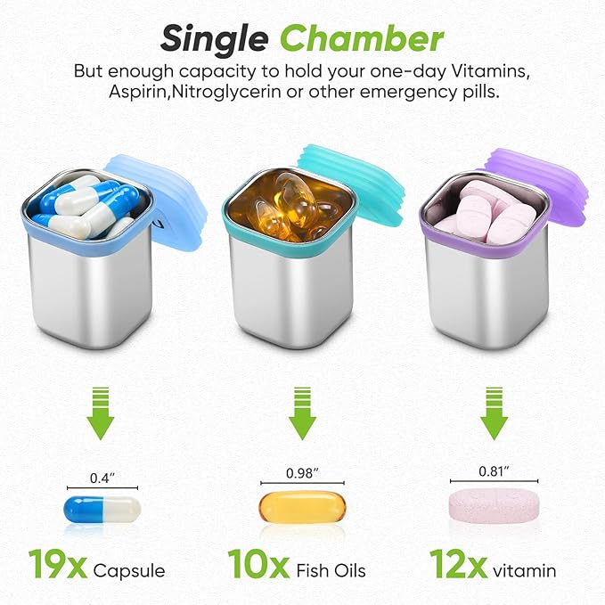 Square Metal Pill Case 7 Day, Stainless Steel Medicine Box Organizer for Travel, Waterproof Tablet Container, Portable Daliy Pill Holder for Vitamins Fish Oils