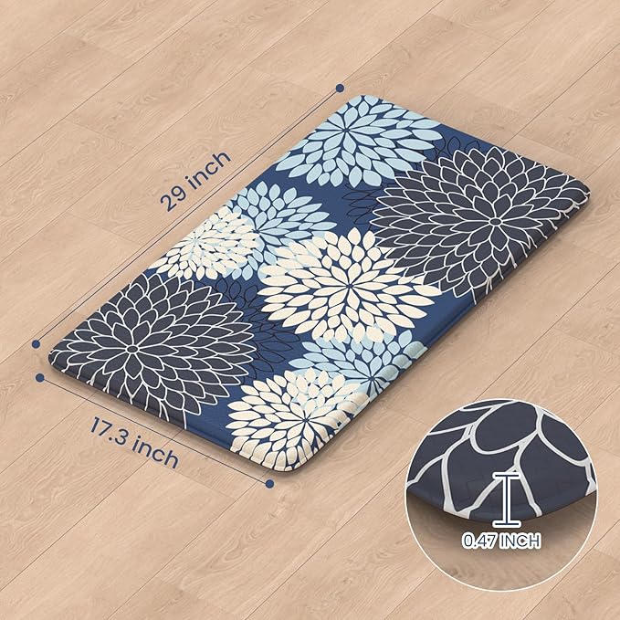 KIMODE Anti Fatigue Kitchen Mat 17.3"x29", Padded Dahlia Kitchen Floor Mats Non Slip, Waterproof Kitchen Mat for Floor, Farmhouse Comfort Standing Mat for Laundry, Office, Sink, Desk Mutil-Blue