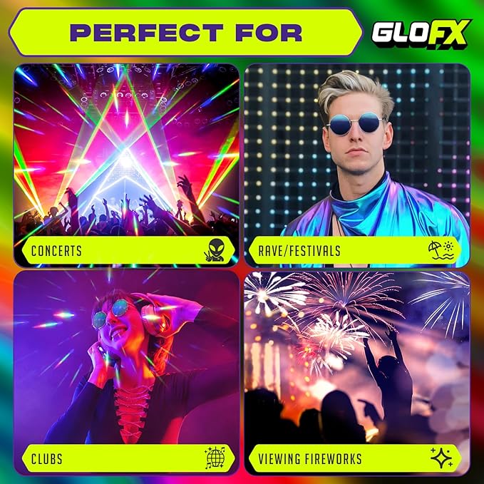 GloFX Diffraction Glasses | Hippie and Pilot Style Metal Frames with Mirror Lens and 3D Prism Rainbow Effect