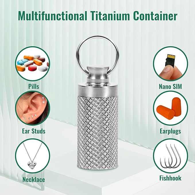 TISKY 2Pack Titanium Keychain Pill Holder Container,Waterproof Portable Pill Box Case for Purse or Pocket, Pill Fob Medicine Organizer for Outdoor Travel