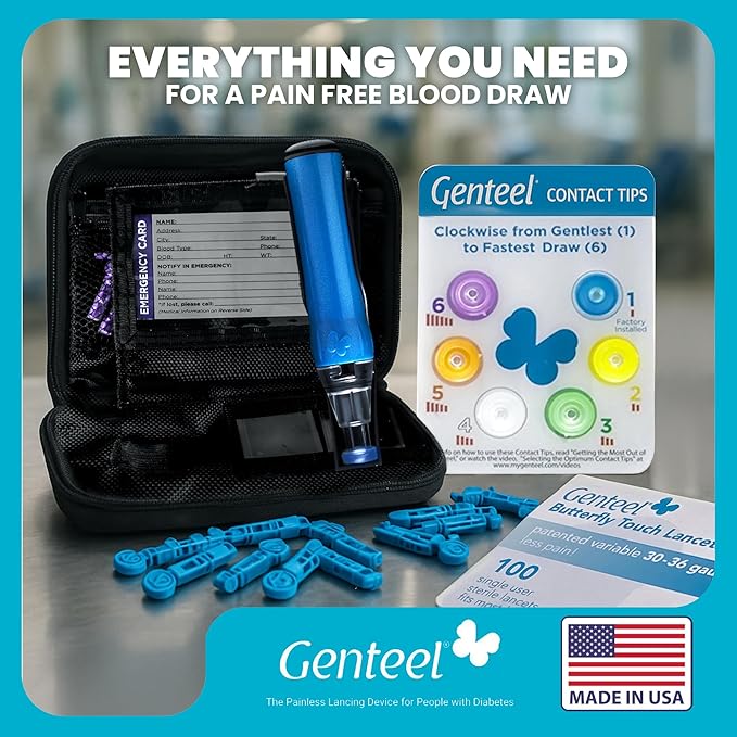 Genteel Plus - No Prick Pain Vacuum Lancing Device for Diabetes Testing - Blood Sugar, Glucose, Ketone, and DNA Home Tests (Butterfly Blue)