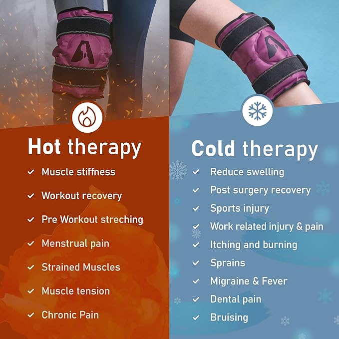 Hot and Cold Therapy Knee Wrap Gel Pack (10" x 12.5") Reusable Heating Pad & Flexible Freezer Pack for Leg Injuries and Knee Pain Relief - Purple