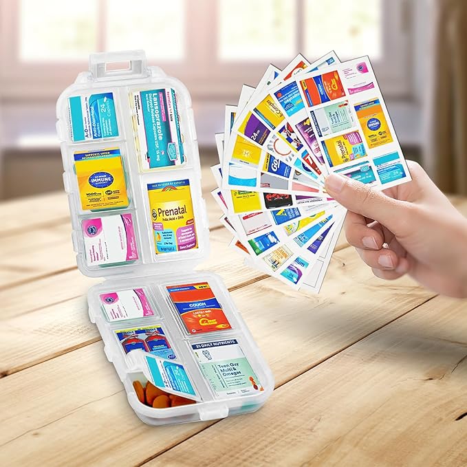 INVODA 7-Day Pill Organizer with Medicine Labels Travel Pill Case Compact, Portable Medication Organizer for Daily Use (3.7 x 2.4 x 1.18 Inches)