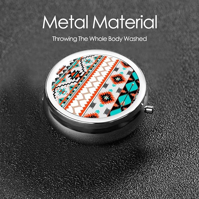 Travel Pill Organizer Large Portable Indiana Western Southwest Tribal Ethnic Aztec Geometric, 3 Compartment Round Pill Box with Mirror, Travel Case Pill Holder for Vitamin Medicine
