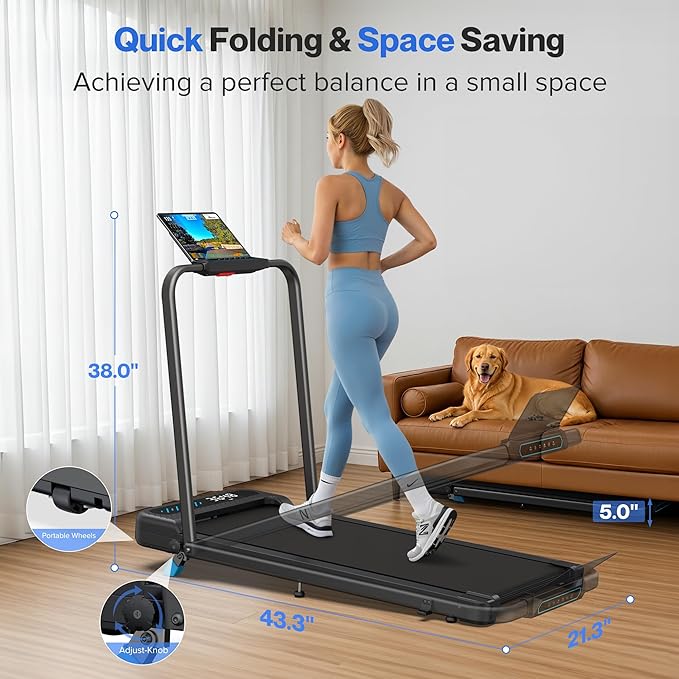 Foldable Treadmill with 10% Incline, 4 in 1 Compact Walking Pad Treadmill with Handle Bar for Home Small Spaces, 3.0HP Portable Quiet Under Desk Treadmills, 350 LBS Capacity, Smart APP, LED Display