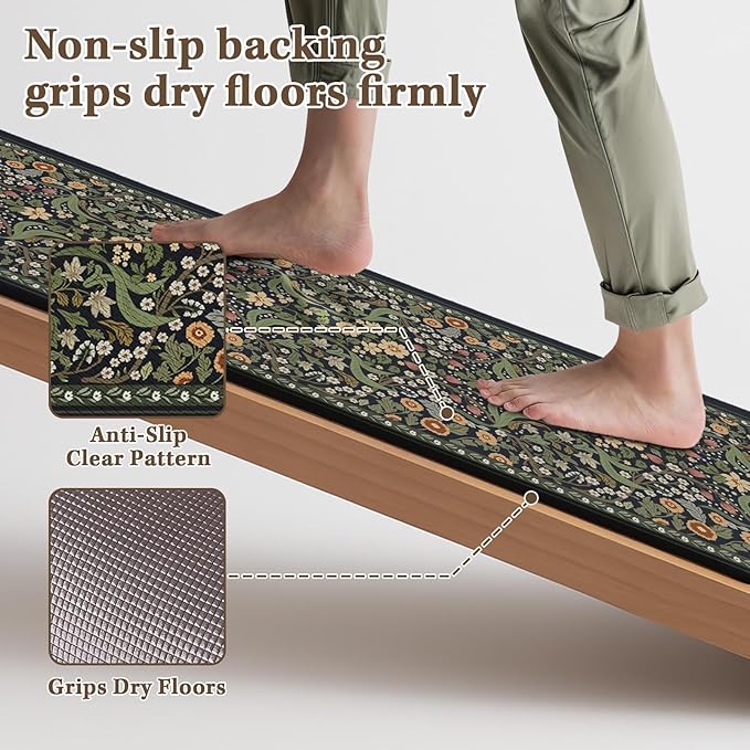 Arttown Kitchen Mats for Floor 2Pcs-Anti Fatigue Non Slip Mats for Kitchen Floor, Cushioned Waterproof & Stain-Resistant Plant Floral Mat Set, Laundry Room, Office, Sink, Desk (Black)