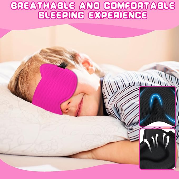 Kids Sleep Mask Eye Mask: 3D Contoured Cup Sleeping Masks, Blindfold with Adjustable Strap, Kids Eye Cover for Boys, Girls, Teens, Pressure-Free with Memory Foam Face Mask for Sleeping (Rose Red)
