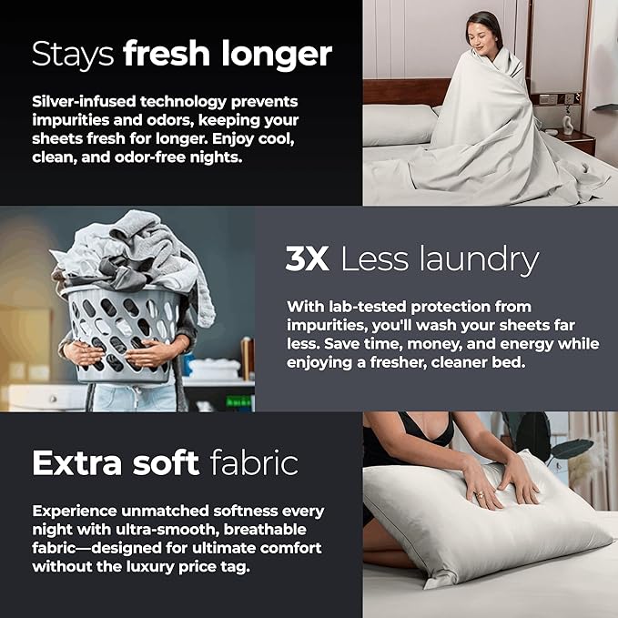 Silvery Silver Infused Bed Sheets Set - Ultra-Soft Temperature-Regulating Fabric with Self-Cleaning Technology™ That Stays Fresh 3X Longer for Hygienic Sleep