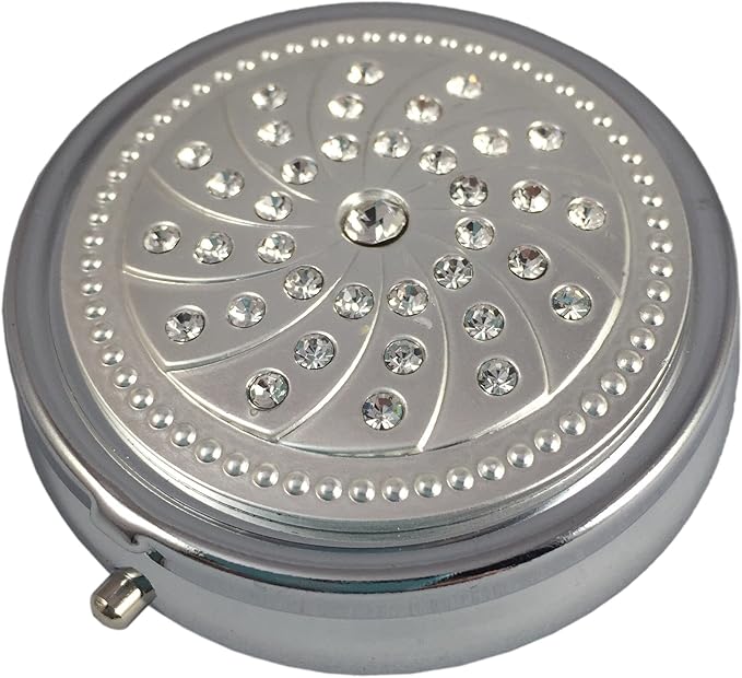 Crystal Gemstones Silver Pill Box – Round 3-Compartment Metal Pill Organizer, Compact 2-Inch Travel Pill Case for Purse or Pocket