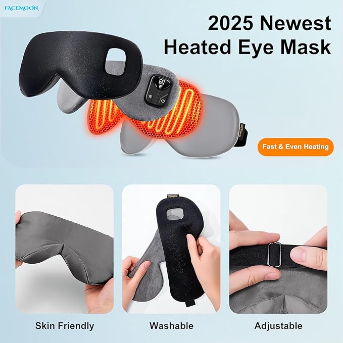FACEMOON Heated Eye Mask for Dry Eyes: Electric Warm Compress for Blepharitis Stye Tired Eyes - Cordless Heat Relief Heating - Stable Temp 1500 Mah Rechargeable Washable Black