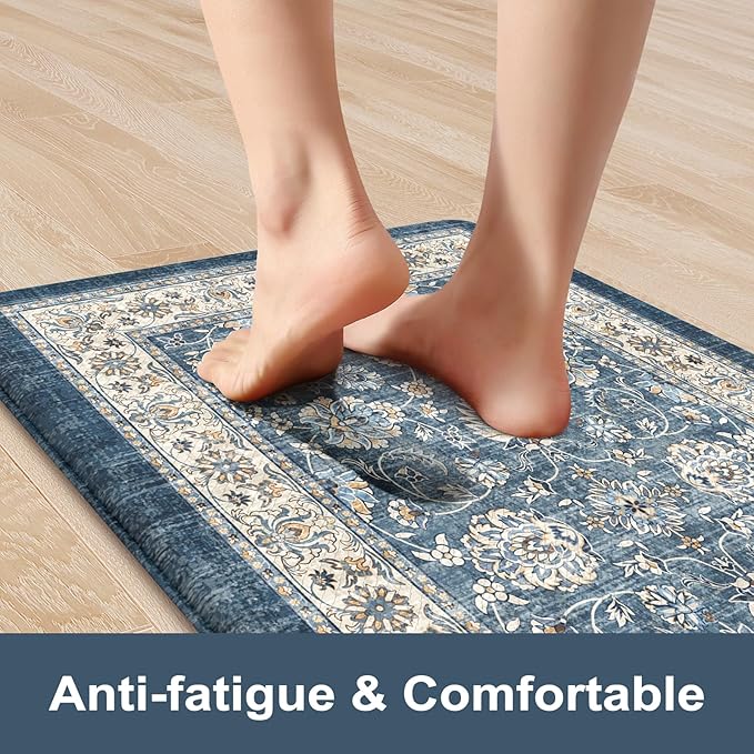 KIMODE Anti Fatigue Kitchen Mats 17.3" x 47"+17.3" x 29", Boho Blue Kitchen Rugs Sets of 2, Non Slip Waterproof Kitchen Floor Mats, Vintage Memory Foam Kitchen Mat for Sink, Laundry, Desk