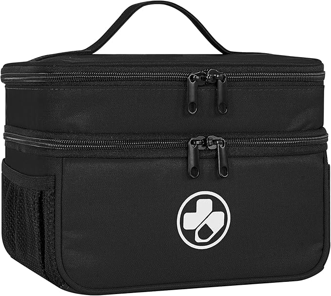 Dual Layers Medicine Organizer Bag, Pill Bottle Organizer Storage with Lockable Zipper, Lockable Medicine Travel Case for Pills, Vitamins, Medical Supplies, Black（Lock Not Included）