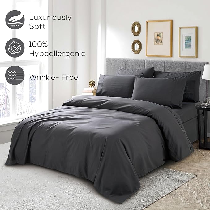 Mueller UltraTemp 6 PC Queen Sheet Set - Ultra-Soft Luxury Series, Cooling & Breathable Hotel Luxury Bed Sheets, Deep Pocket Wrinkle-Free Oeko-TEX, Dark Gray