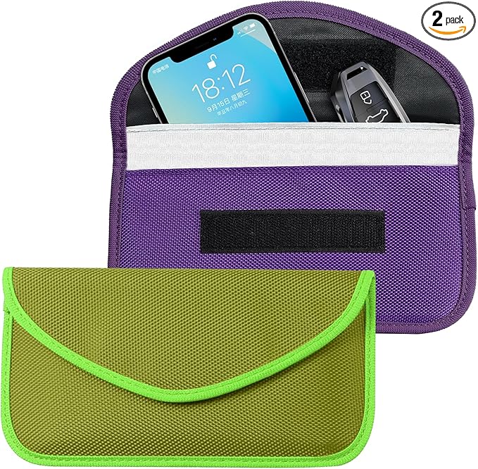 2PCS Faraday Bags for Car Key and Cell Phone, Signal Blocking Bag, Faraday Key Fob Protector, Universal Cell Phone Privacy Card Protection Car Accessories for Anti-Thefting (Purple+Green)