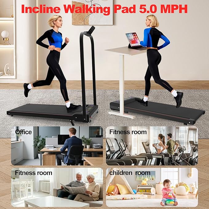2 in 1 Foldable Walking Pad with Incline and Handle Bar, Compact Under Desk Treadmill with LED Display & Remote Control, Portable Treadmills for Home Office Small Spaces, 265 LBS Capacity