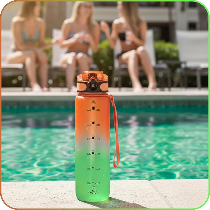 Motivational Water Bottle with Time Marker – BPA/BPS-Free Tritan Bottle – Leak-Proof Design with Straw & Fast Flow Lids – Perfect for Gym, Outdoor Sports, and Fitness (Gradient Orange/Green)