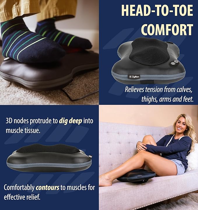 Zyllion Shiatsu Back and Neck Massager with Heat - Cordless Rechargeable 3D Electric Kneading Deep Tissue Massage Pillow with 2 Speeds for Muscle Pain Relief, Black, ZMA-34RB