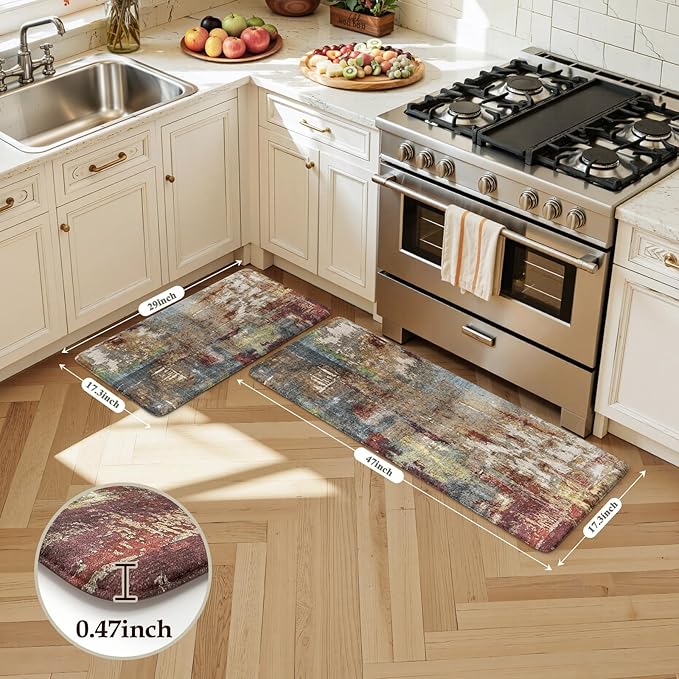 LEEVAN Kitchen Mats Cushioned Anti Fatigue Sets of 2,Non Slip Waterproof Kitchen Mats for Floor,Memory Foam Comfort Abstract Red Kitchen Floor Mat for Sink,Laundry,Home,Office,Desk(17"x29"+17"x47")
