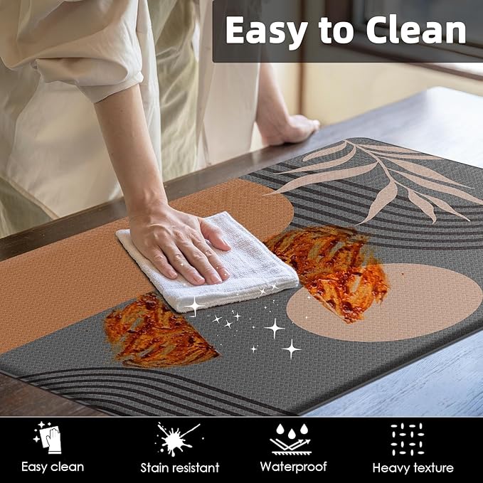Kitchen Mats for Floor 2 PCS, Anti Fatigue Mat Set, Boho Cushioned Non Slip Waterproof Kitchen Rugs, Wipe Clean PVC Leather Runner for Sink, Laundry, Office, 17"x47"+17"x29", Brown
